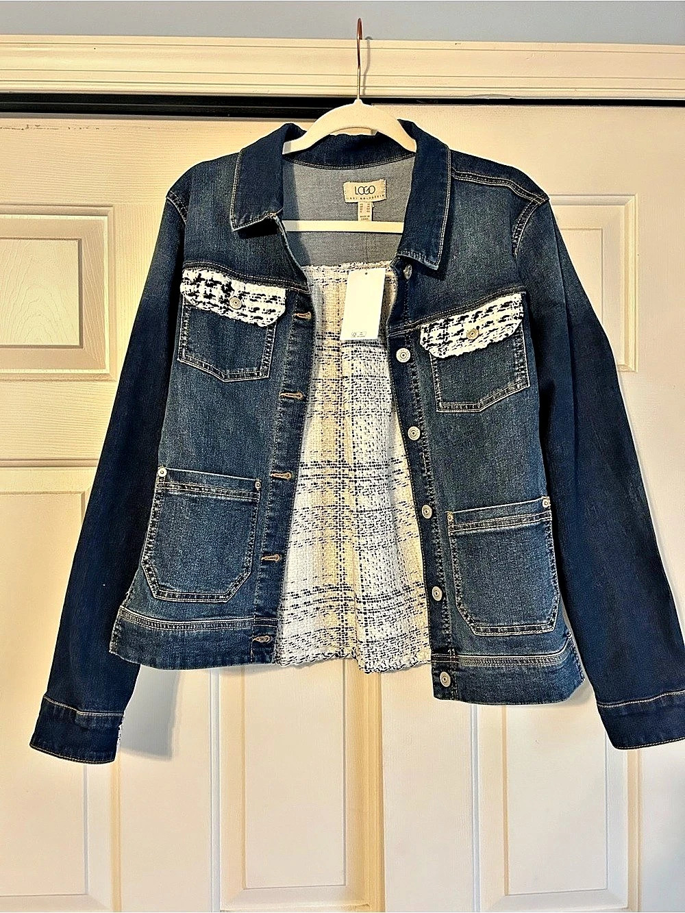 LOGO by Lori Goldstein Plaid Trim Denim Jacket Size Medium NWT